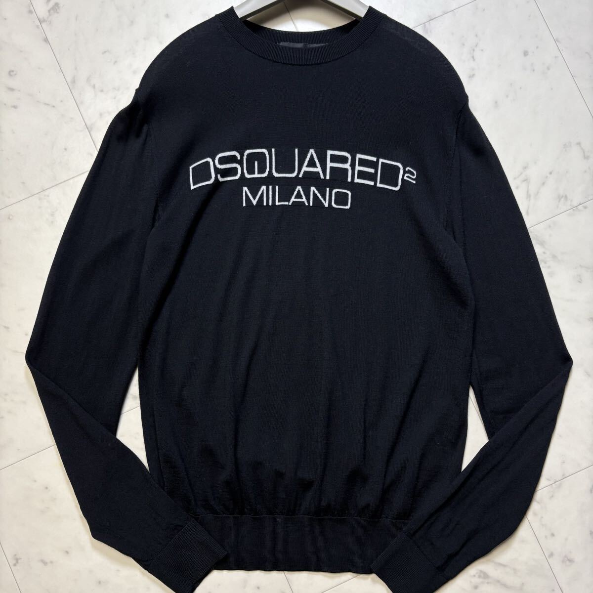 美品★ ディースクエアード DSQUARED2 ウール100% クルーネック ニット セーター カットソー トップス Mサイズ ストレッチ ブラック メンズ拍卖