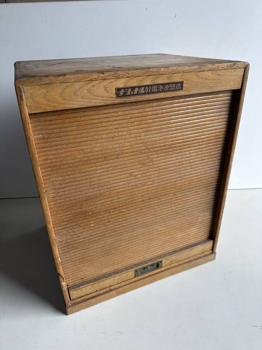 Dt628◆棚◆蛇腹 シャッター 木製 ナショナル乾電池連盟店 レターケース 書類棚/昭和 レトロ アンティーク コレクション 鍵欠品 拍卖