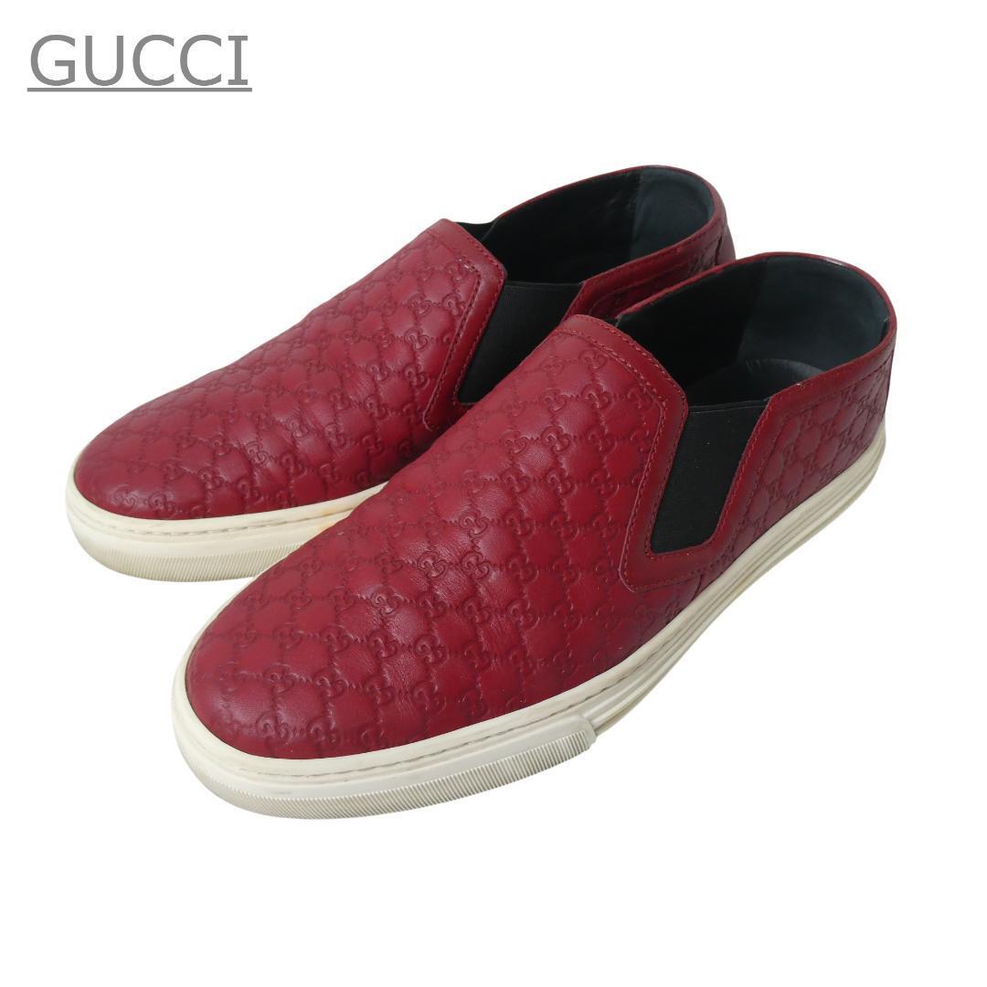 GUCCI グッチ サイズ37 約24cm スリッポン スニーカー レザー マイクログッチシマ GG柄 総柄 赤 レッド レディース拍卖