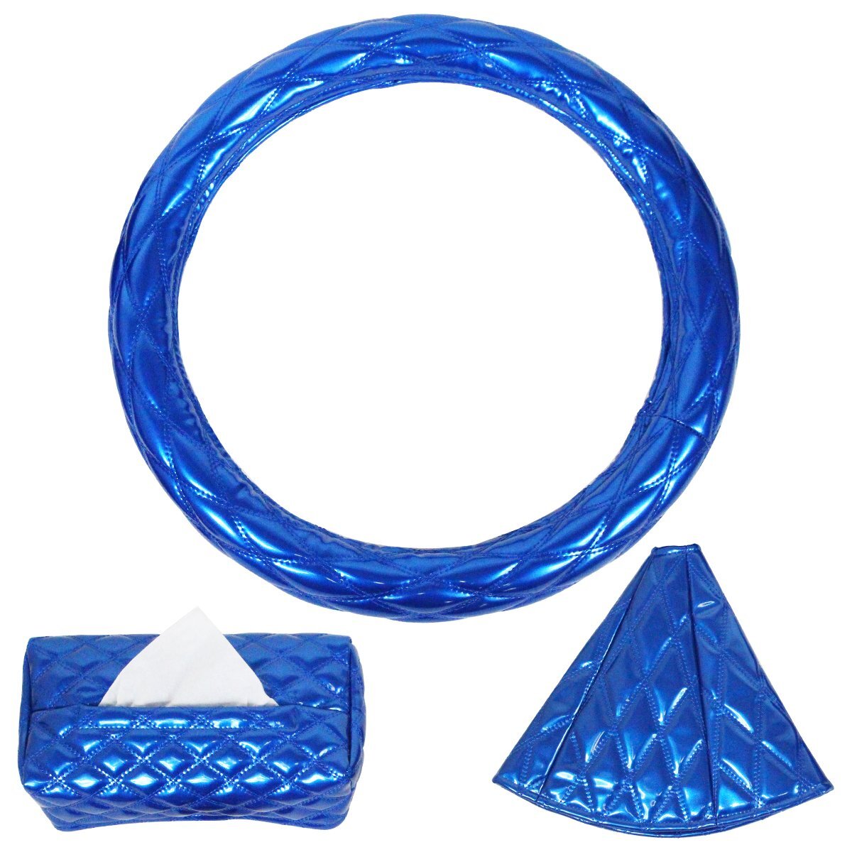 汎用 内装3点セット ダブルステッチ ブルー 艶あり エナメルキルト ステアリング(外径47~48cm)&シフトブーツ&ティッシュ カバー拍卖