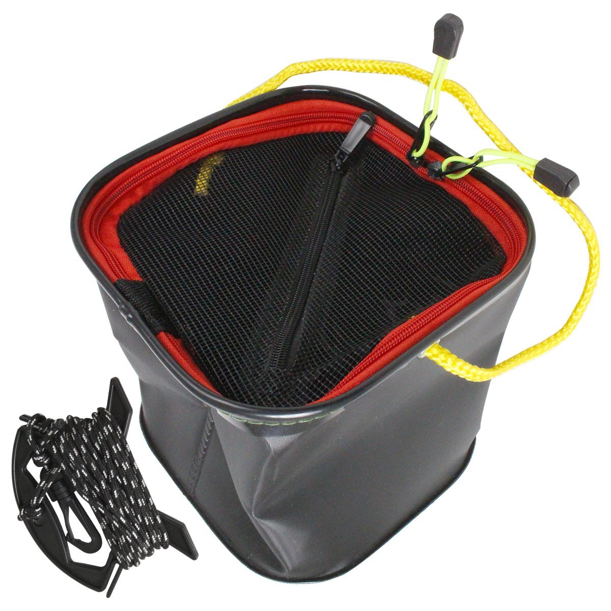 折り畳み式 コンパクト バケツ 20cm『持ち手紐』ロープ/メッシュカバー付き 水汲み ブラック 黒 釣り ガーデニング タンク 砂遊び拍卖