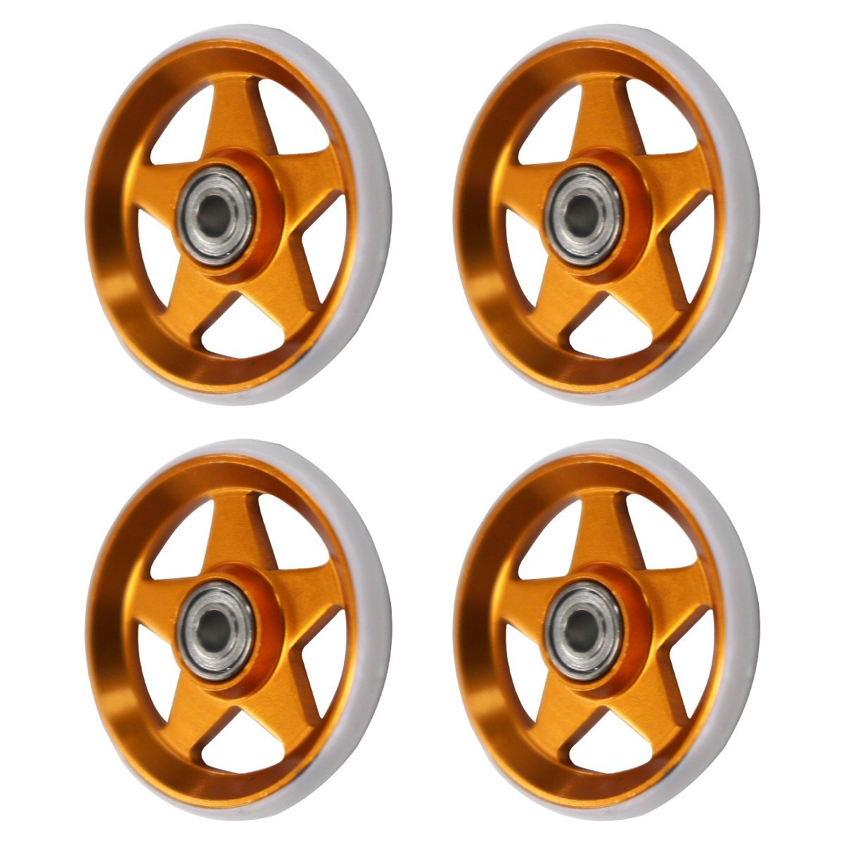 【送料220円】ミニ四駆 オール アルミ ベアリング ローラー 4個 セット 19mm プラリング付 5本スポーク 星型 ゴールド×ホワイト パーツ拍卖