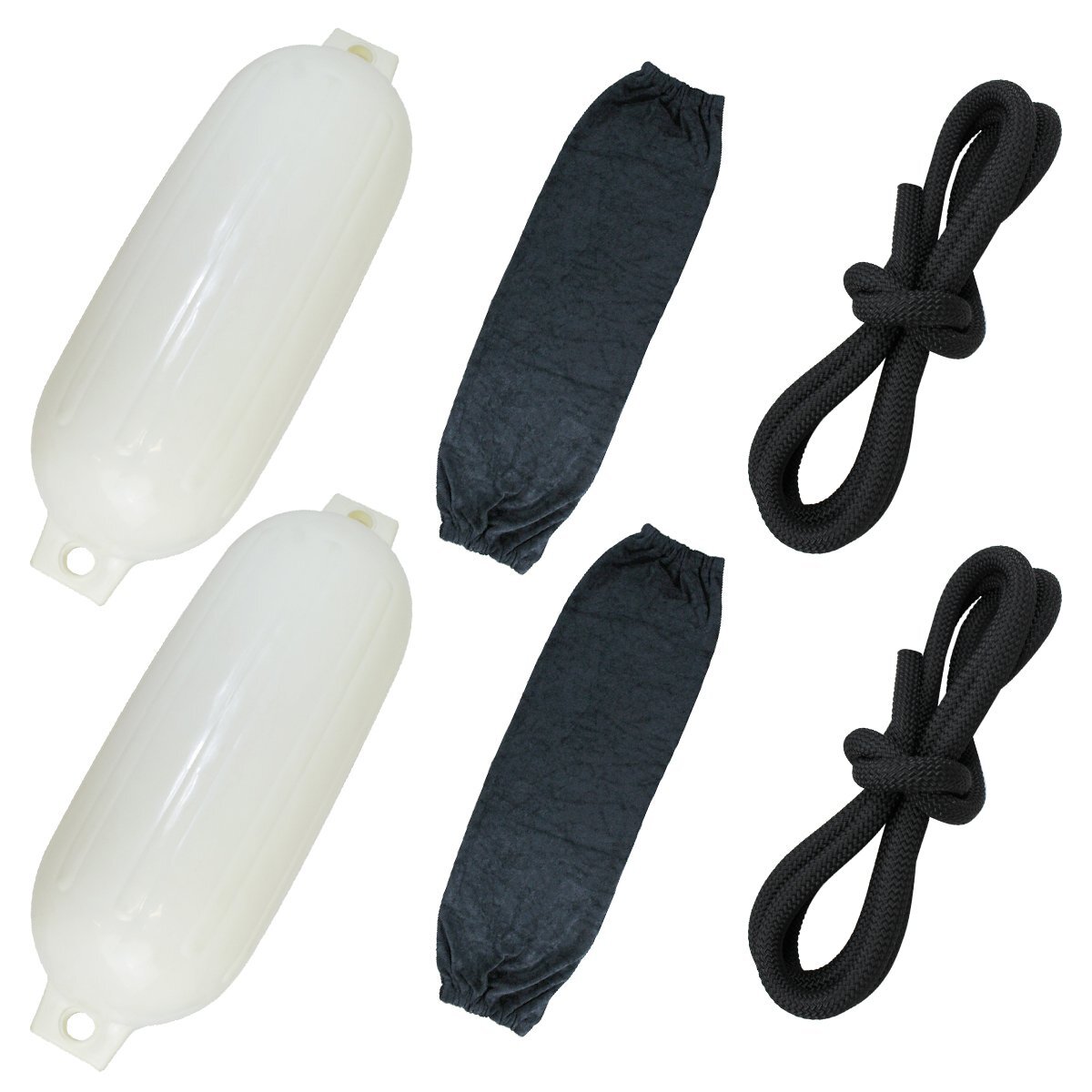 『3種×2セット』ボートフェンダー 580×190mm&黒カバー&ロープ 黒 2m 船 浮き ブイ フロート 係留ロープ拍卖