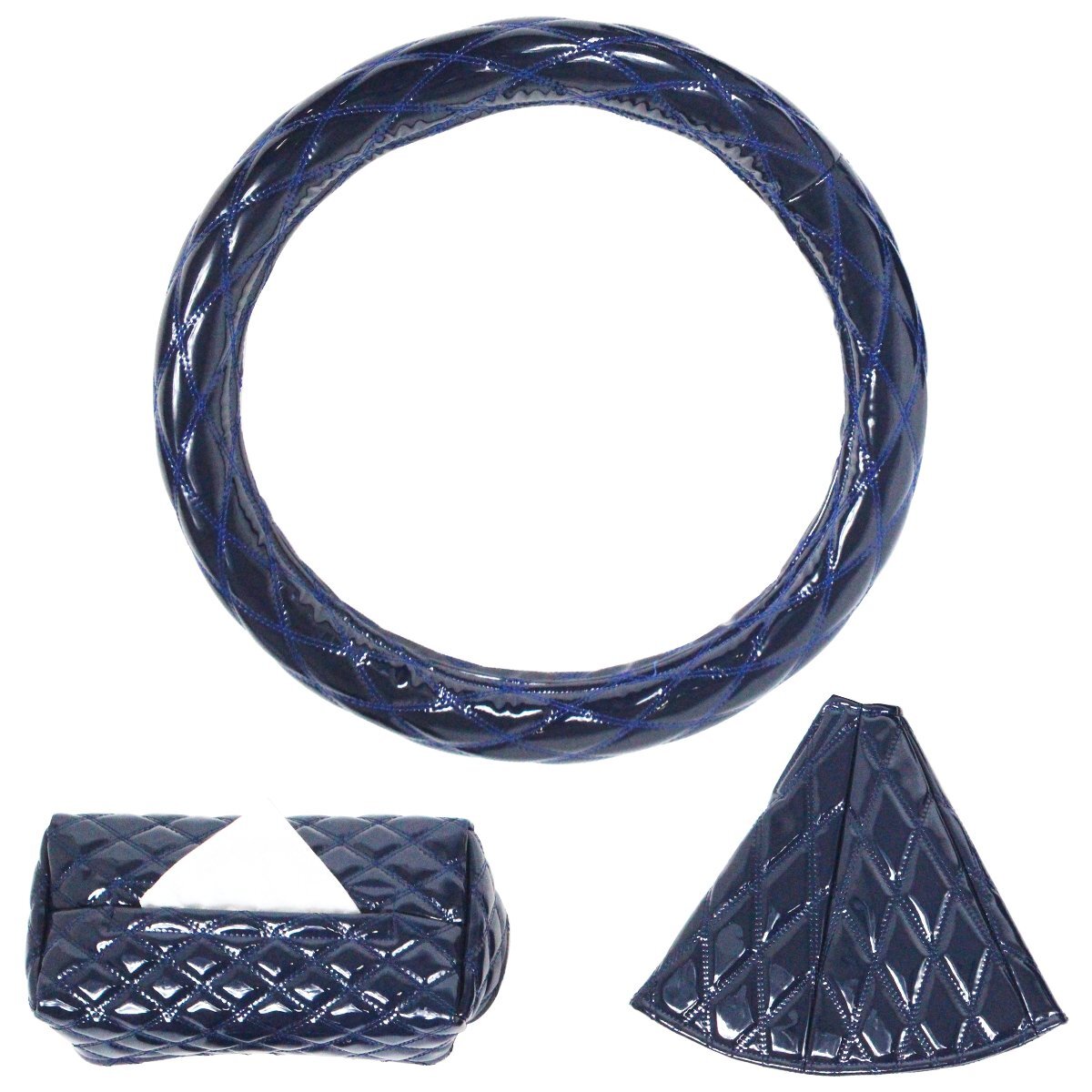 汎用 内装3点セット ダブルステッチ ネイビー 艶あり エナメルキルト ステアリング(外径47~48cm)&シフトブーツ&ティッシュ カバー拍卖