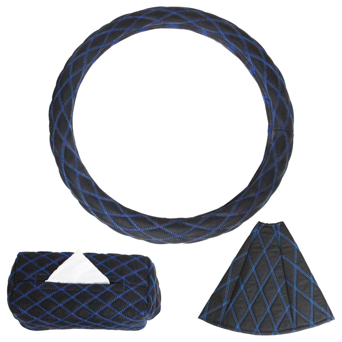 汎用 内装3点セット ダブルステッチ 黒×青 ヌバック調 スエード ステアリング(外径47~48cm)&シフトブーツ&ティッシュ カバー拍卖