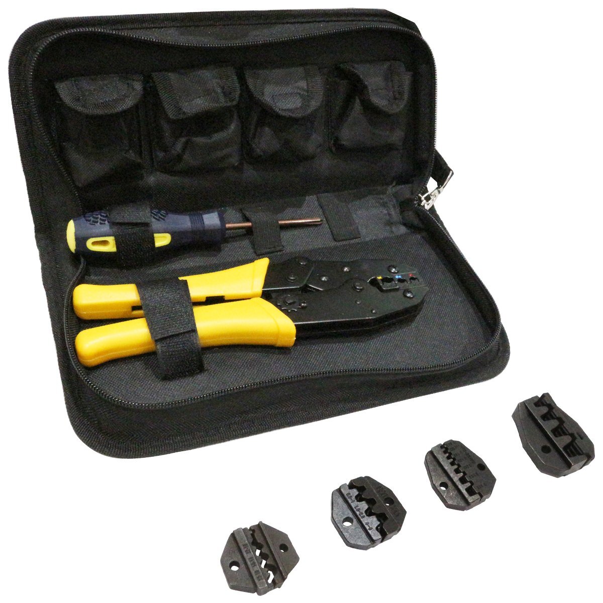 便利な専用ケース付き! 圧着ペンチキット ダイス5個 ドライバー付属 縁閉端子 端子圧着工具 圧着工具 ギボシ端子 被覆線 ストリップ作業拍卖