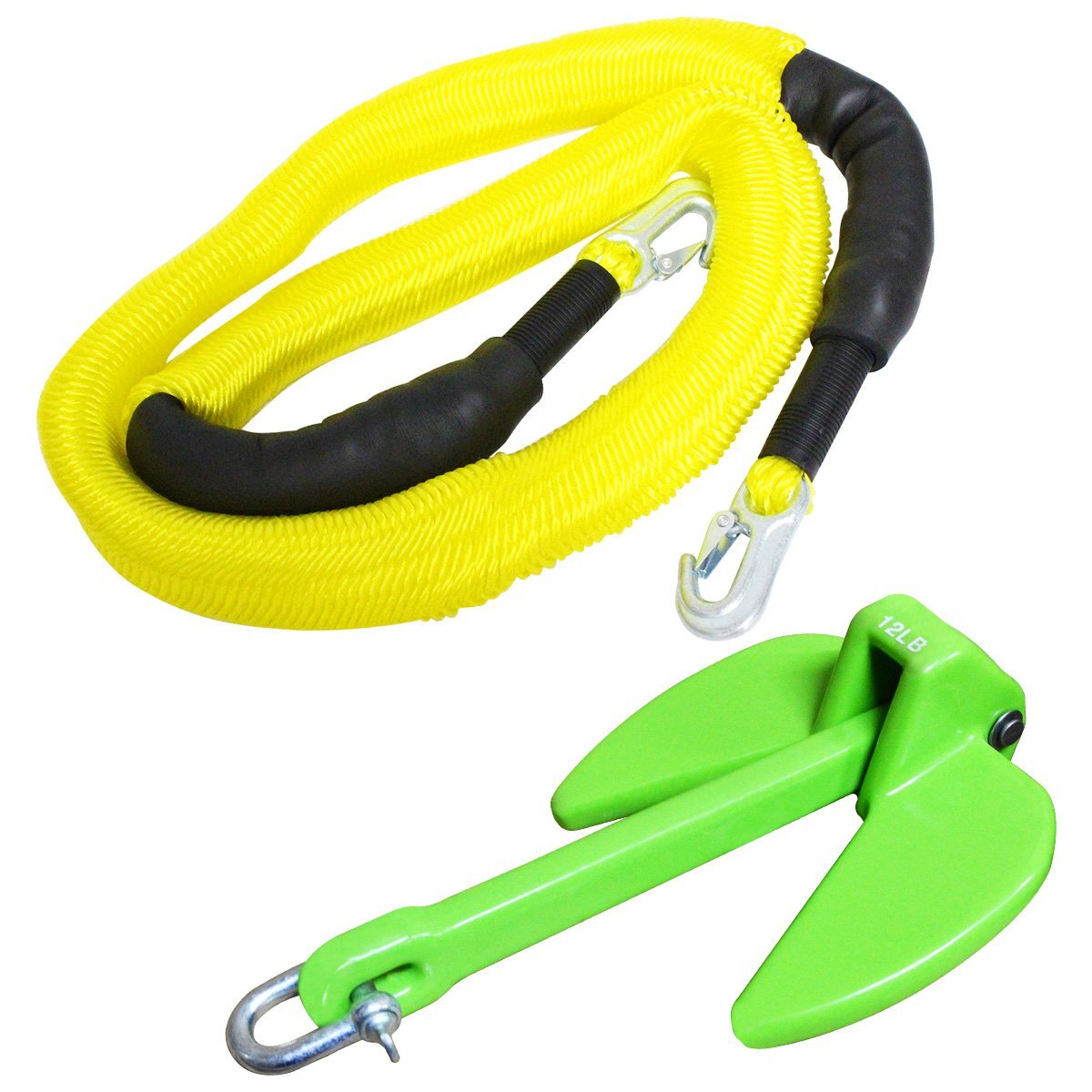 『伸縮ロープ/アンカーセット』爪型 アンカー 10LBS 4.5kg 緑 グリーン 6M フロート のびのび アンカー ロープ 黄色拍卖
