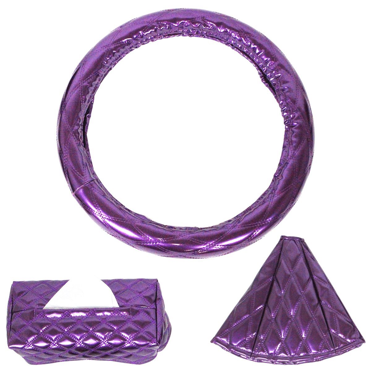 汎用 内装3点セット ダブルステッチ パープル 艶あり エナメルキルト ステアリング(外径45~46cm)&シフトブーツ&ティッシュ カバー拍卖