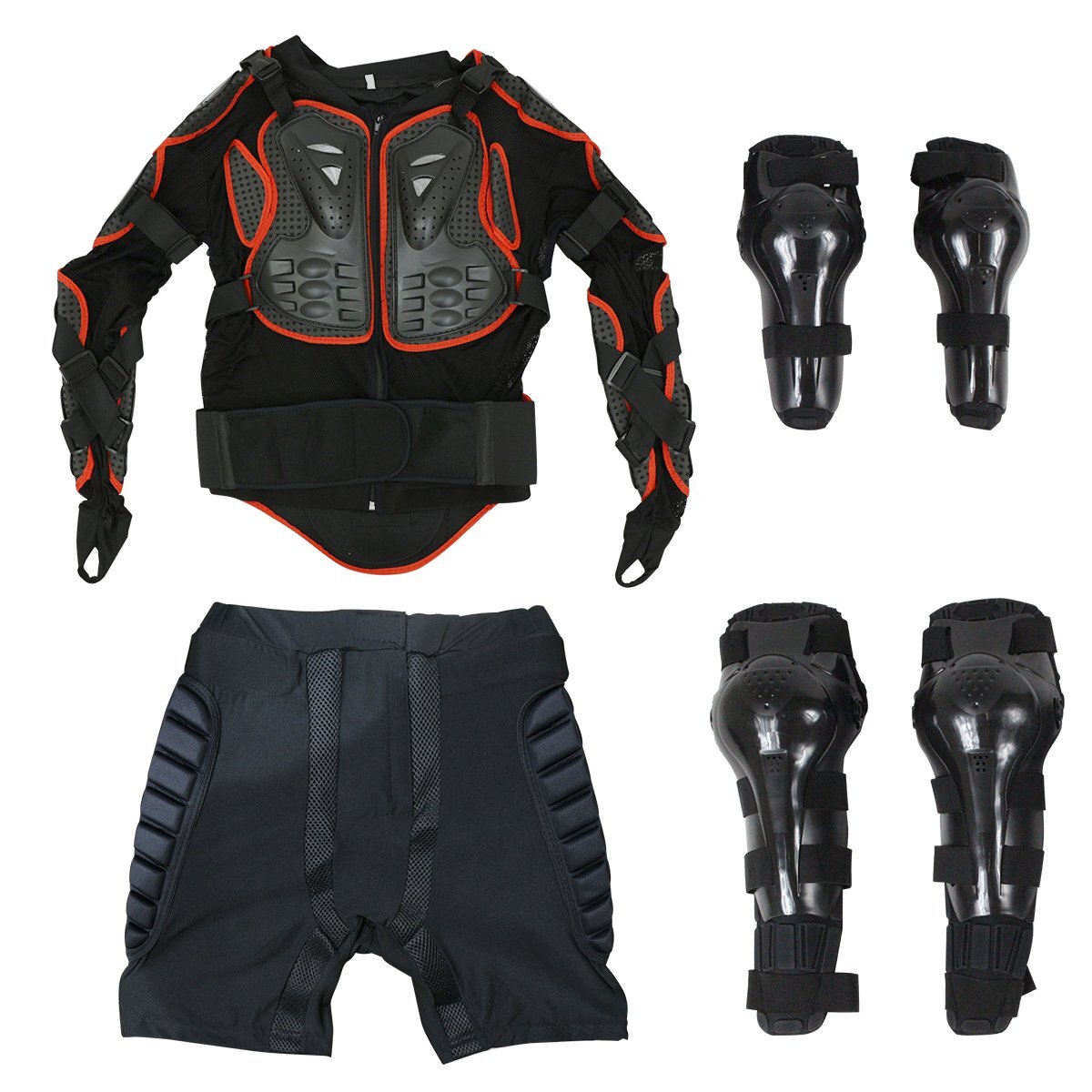 『セット2』バイクウェア ボディープロテクターセット XXLサイズ レッド 長袖プロテクター&ニールガード&エルボガード&インナーパンツ拍卖