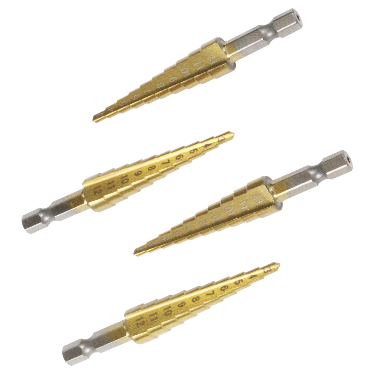 4本セット φ 3mm-12mm チタンコーティング 六角軸 タケノコ ドリル ビット 替え刃 ストレート ポンチ 穴あけ拍卖