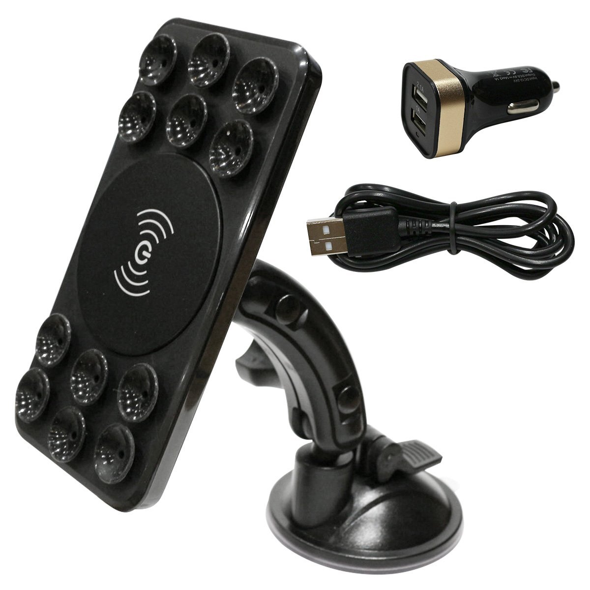 Qi (チー)対応 車載 吸盤固定 モバイル 充電器 スマホ ホルダー スタンド ブラック/黒 カー用品 USBケーブル付 ワイヤレス チャージャー拍卖