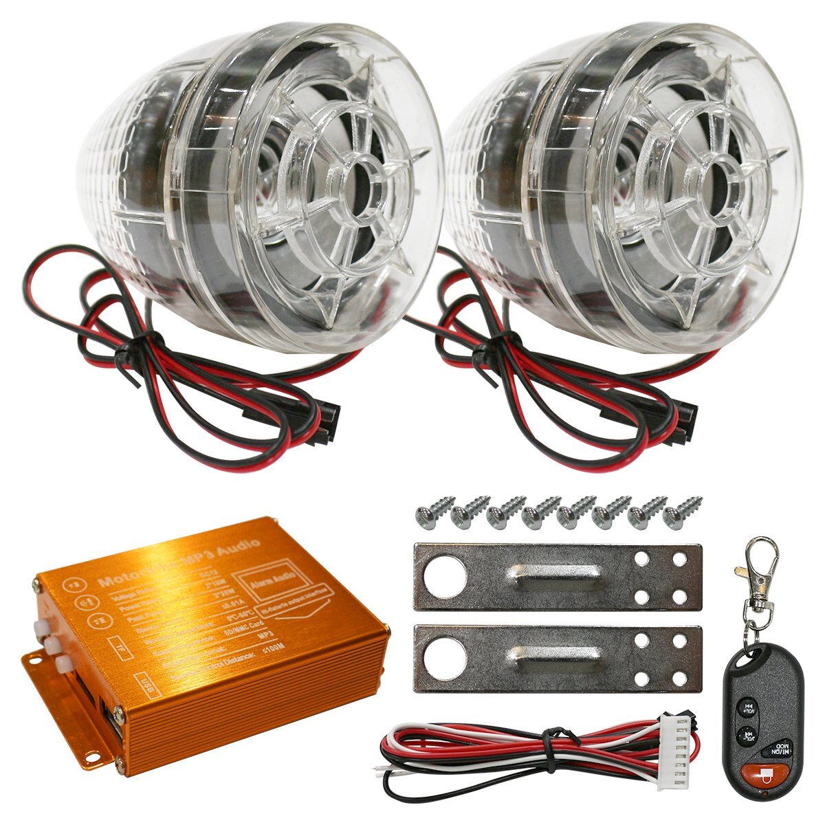 バイク用 スピーカー セキュリティー付き MP3プレーヤー LED クリア レッド/グリーン/ブルー点灯 アンプ 12V 防犯ブザー 盗難拍卖