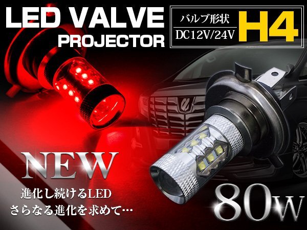 『1球』 CREE製XB-D LED H4 Hi/Lo 80W 12V/24V レッド 赤 フォグランプ LED球 LEDバルブ フォグ ヘッドライト 展示車両などに カスタムカー拍卖