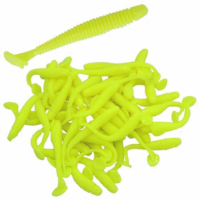 【送料220円】ソフト ルアー 50個 ワーム セット 蛍光 イエロー 2インチ 5cm/50mm シャッドテール プルプル 震える ジグヘッド スプリット拍卖