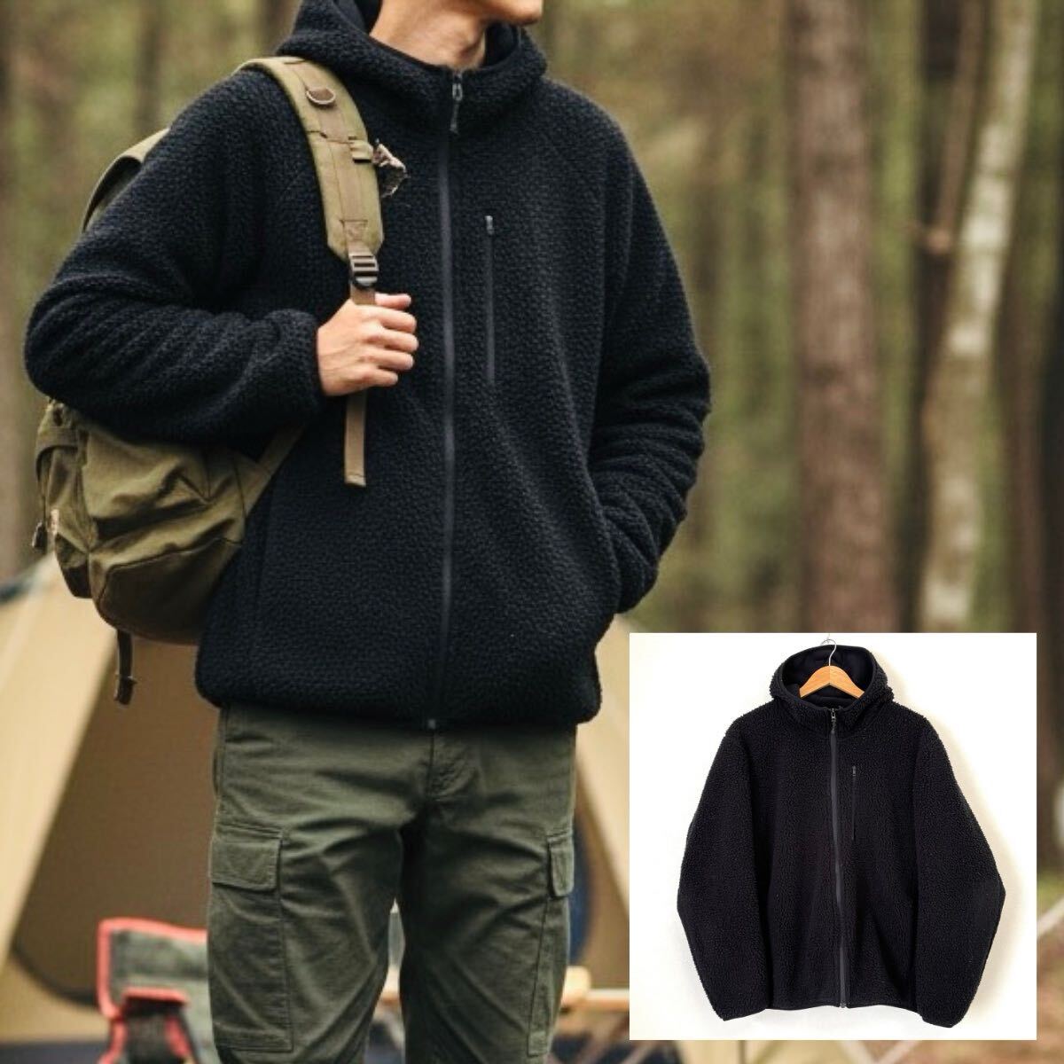 防風アウター◎ビッグサイズ XL【UNIQLO】ユニクロ ボア フリース パーカー ジャケット ジップアップ 防寒 アウトドア ブラック /Y38071mm拍卖