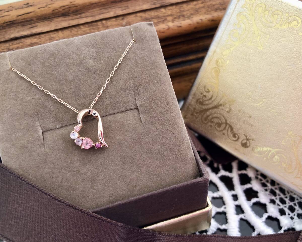 百貨店正規品組曲10金ピンクゴールドネックレスK10PG★天然石ブルームーンストーン アメジスト ピンクトルマリン ハート★K・K10刻印あり拍卖