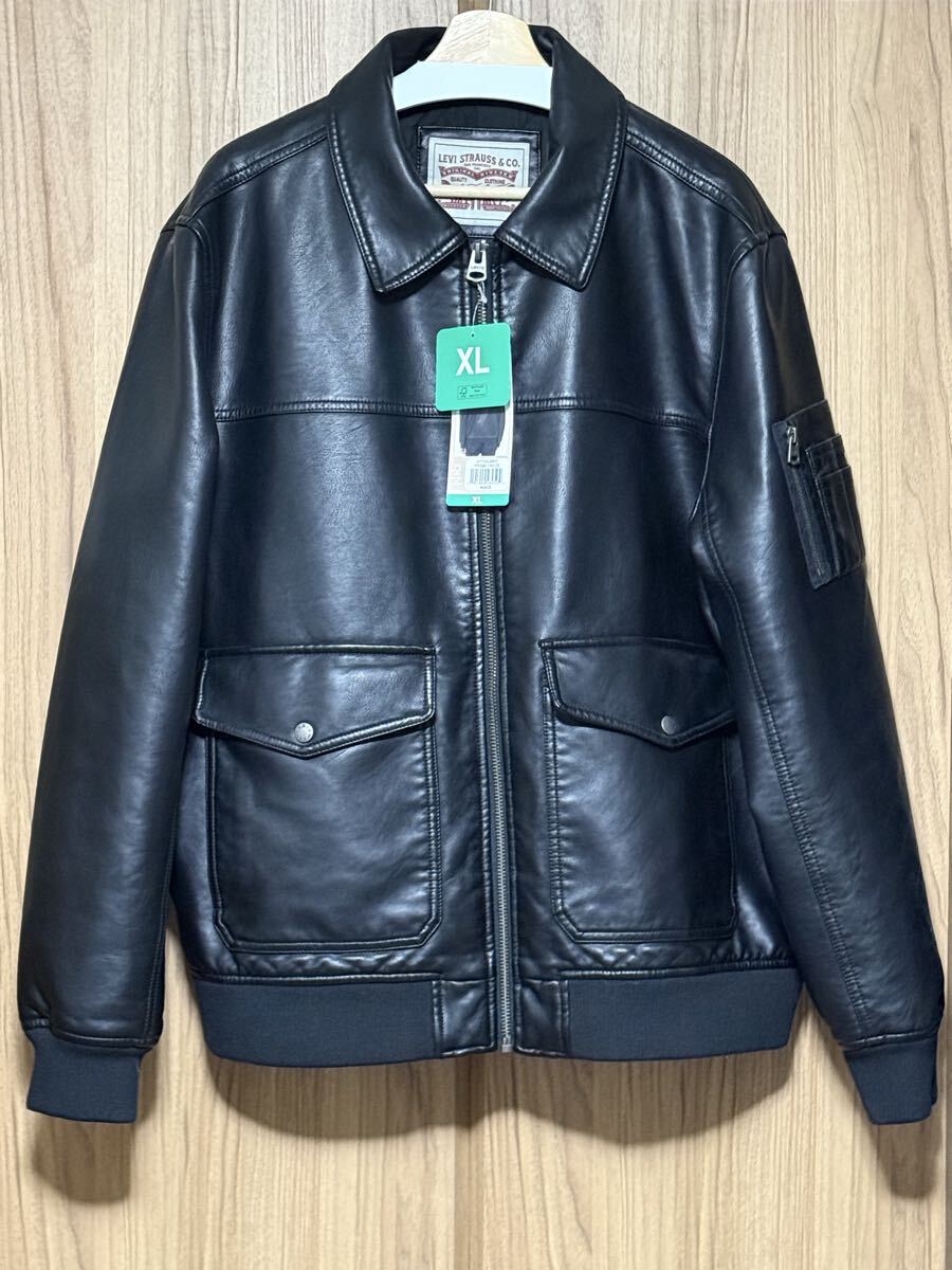 【新品未使用】Levi's リーバイス メンズ MA-1スタイル レザージャケット A7753-0001 黒 ライダース フライトジャケット ブルゾン XLサイズ拍卖