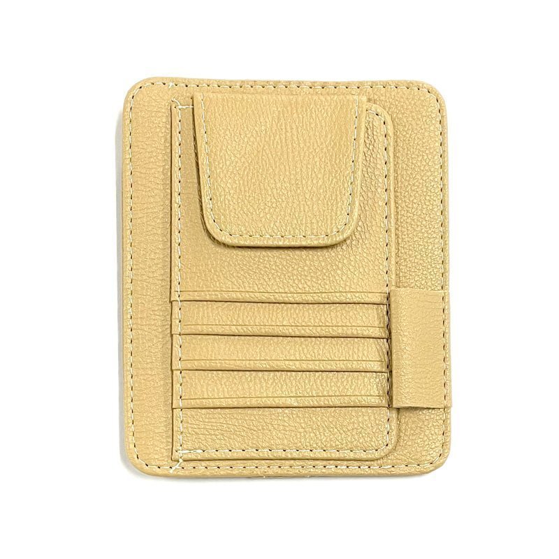 送料0円 車用 サングラスホルダー 【ベージュ】 収納ケース カード入れ サンバイザー メガネ ホルダー 収納カバー 革製 多機能 車 汎用拍卖