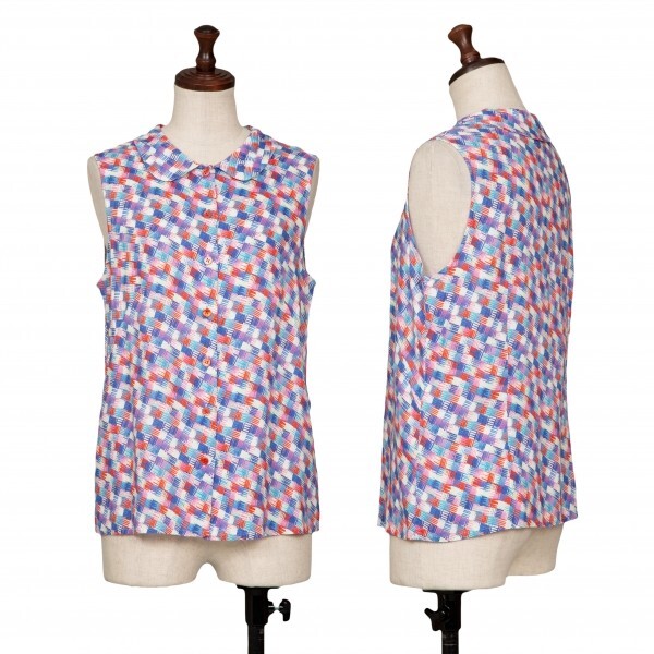 アニエスベーagnes b. レーヨンチェックプリントノースリーブシャツ 青赤他40拍卖