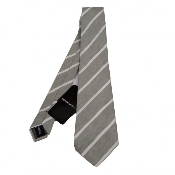 新品!エンポリオアルマーニEMPORIO ARMANI リネンシルクボールドレジメンタルネクタイ ライトグレー拍卖