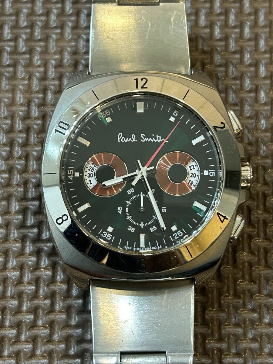 1円〜 ポールスミス PAUL SMITH 腕時計 ウォッチ クォーツ ディスクアイズ フクロウ 緑文字盤 動作確認済み クロノグラフ シルバー色拍卖