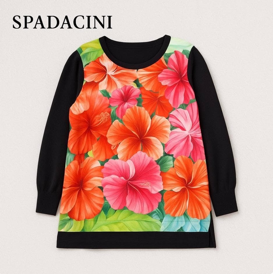 YJ71ね@ 1スタ SPADACINI シルク 大人かわいい おしゃれ 素敵 花柄切替デザインプルオーバー S ネイビー 秋冬拍卖