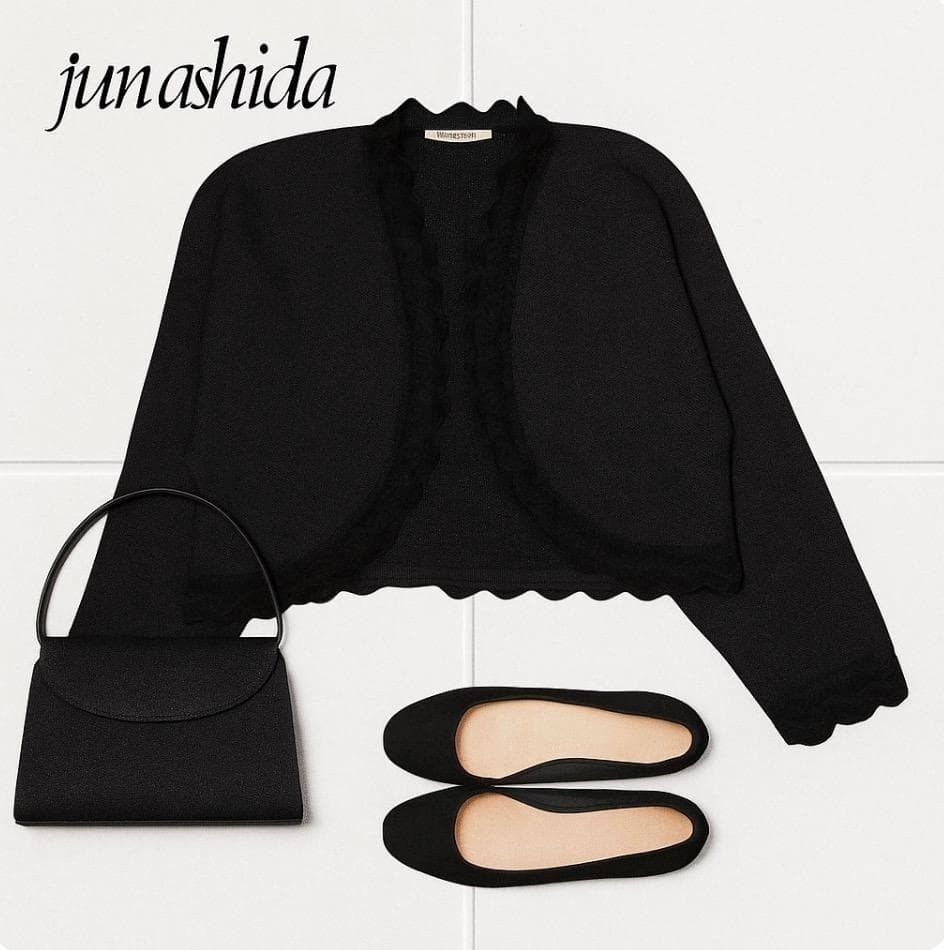 J1743@ jun ashida ジュンアシダ レディース 大人かわいい おしゃれ 素敵 シルク混フリルボレロカーディガン S ブラック 拍卖