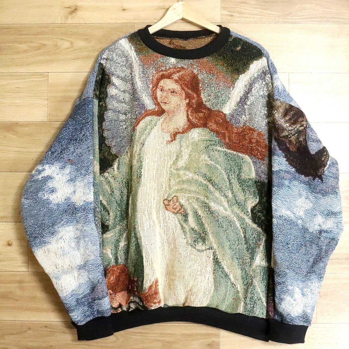 I10T/D10.22-2 アメリカ古着 ビンテージ ゴブラン ラグ リメイク スウェット トレーナー 天使と馬 総柄 クレイジー 再構築拍卖