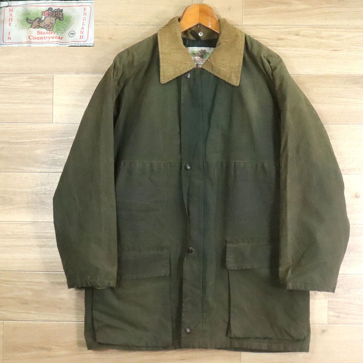 F12S/O9.29-3 イギリス製 Stanley Countrywear オイルドジャケット ワックスコットン 襟コーデュロイ コート メンズ M カーキ系拍卖