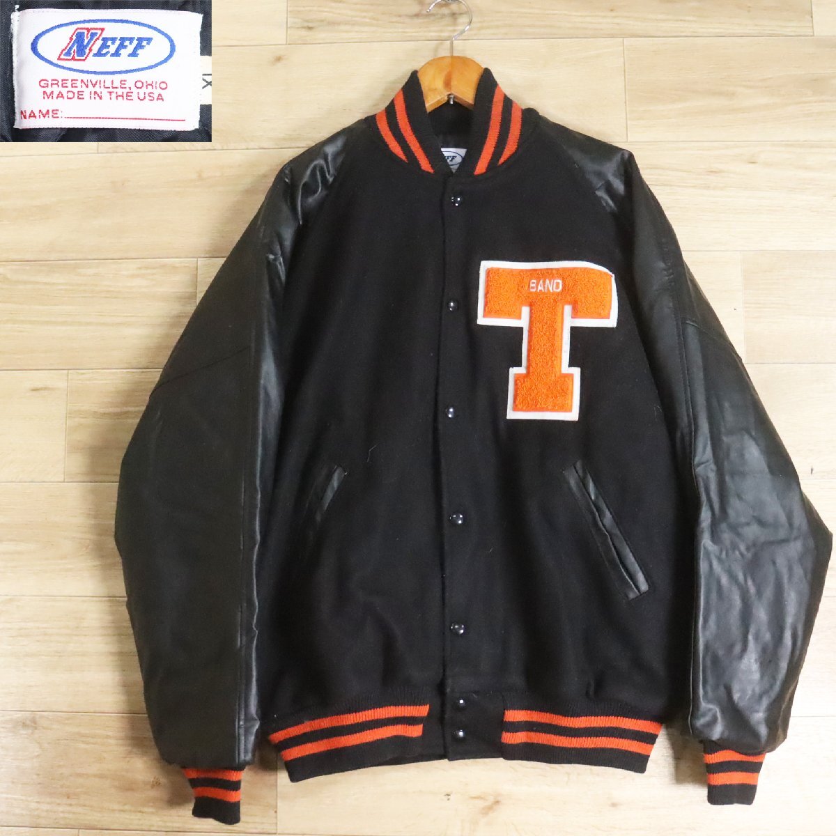 $6R/Y6.4-7 USA製 NEFF 袖革ウールスタジャン アワードジャケット バーシティジャケット 本革 ワッペン XL ブラック アメリカ古着拍卖