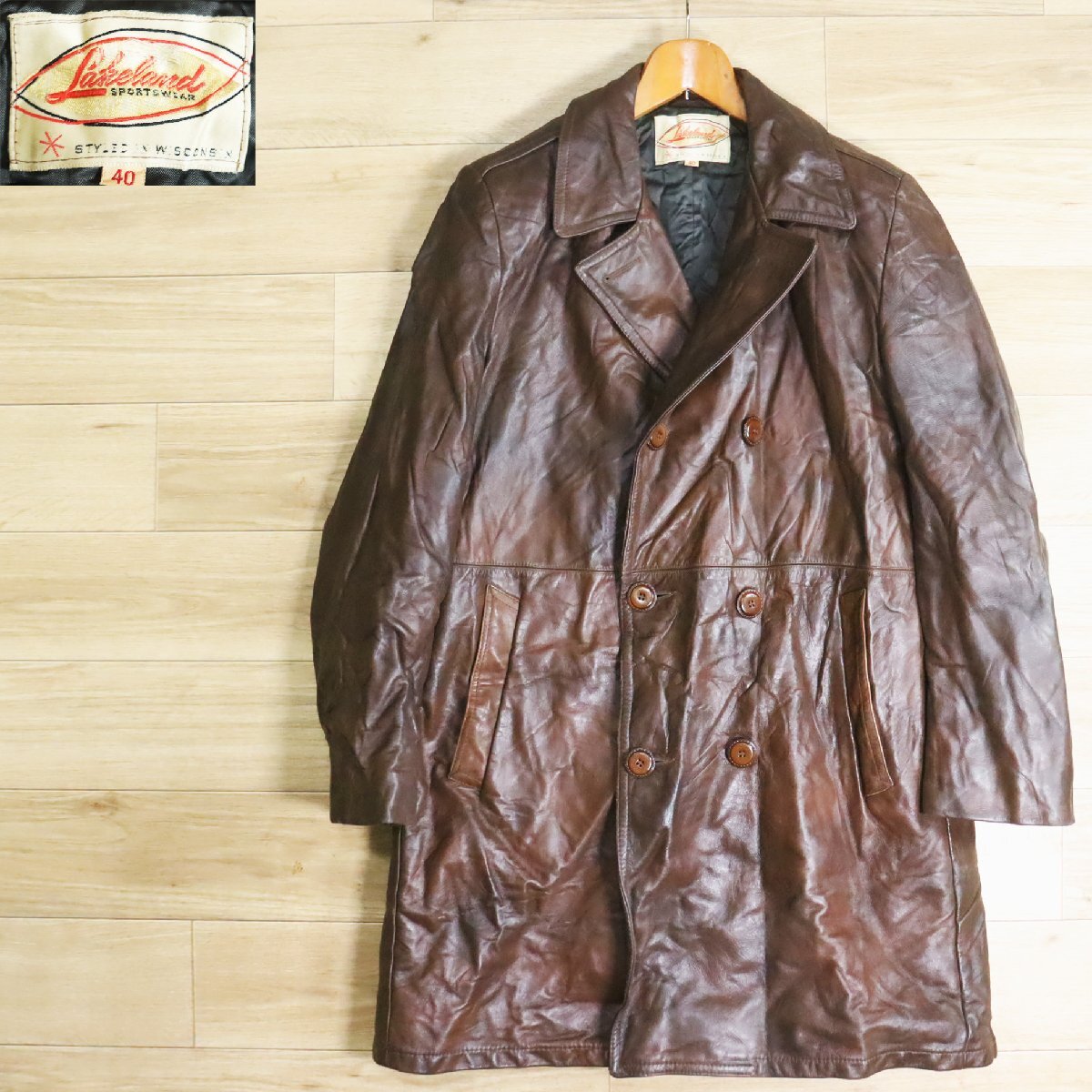 M9O/Y5.5-1 50s~ ビンテージ アメリカ古着 Lakeland レザーコート 本革 革コート 皮コート レザーカーコート ブラウン系拍卖