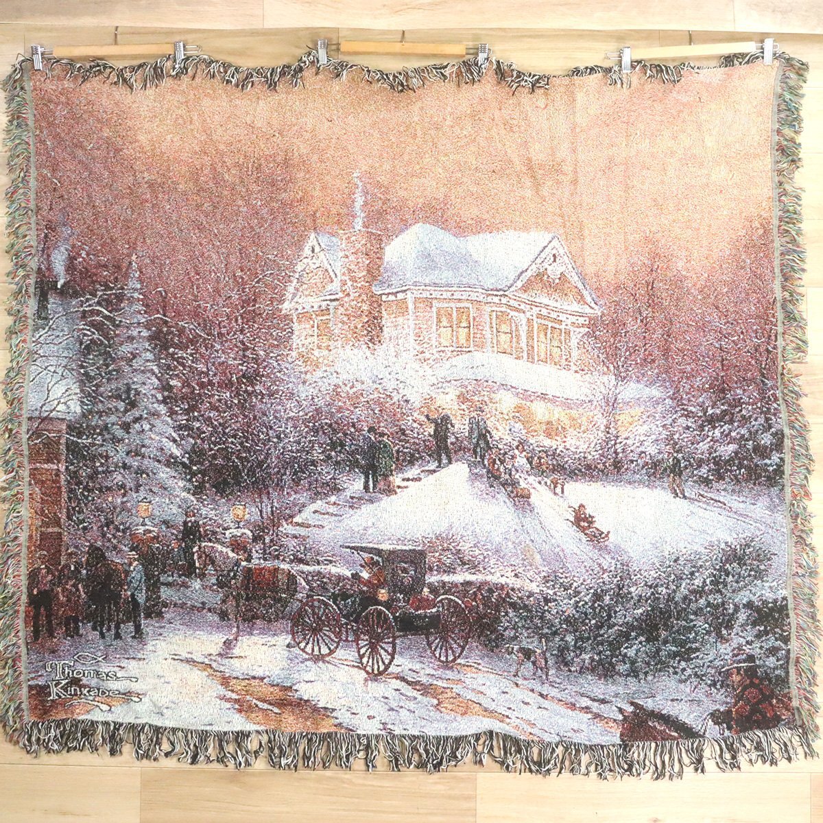 =1-12 I/O10.9-4 USA製 トーマスキンケード Thomas Kinkade 風景柄 雪景色 絵画 ラグ マット カーペット ブランケット 雑貨拍卖