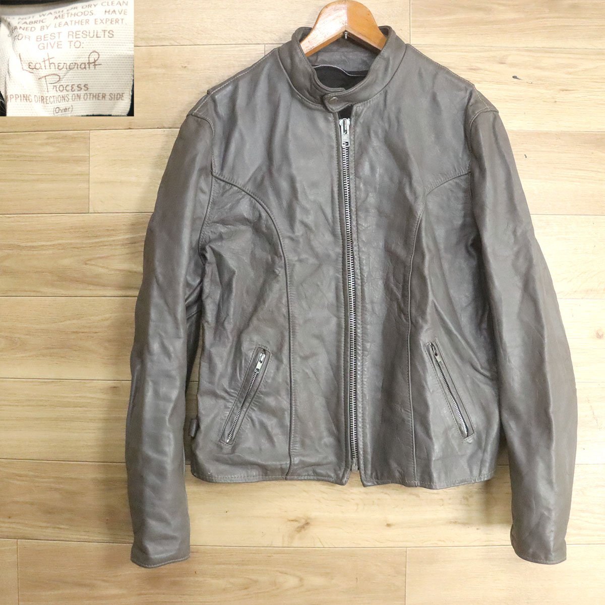 F2S/S6.9-3 アメリカ古着 シングルライダース 本革 レザージャケット 革ジャン 皮ジャン バイカー Lサイズ相当 グレー系拍卖