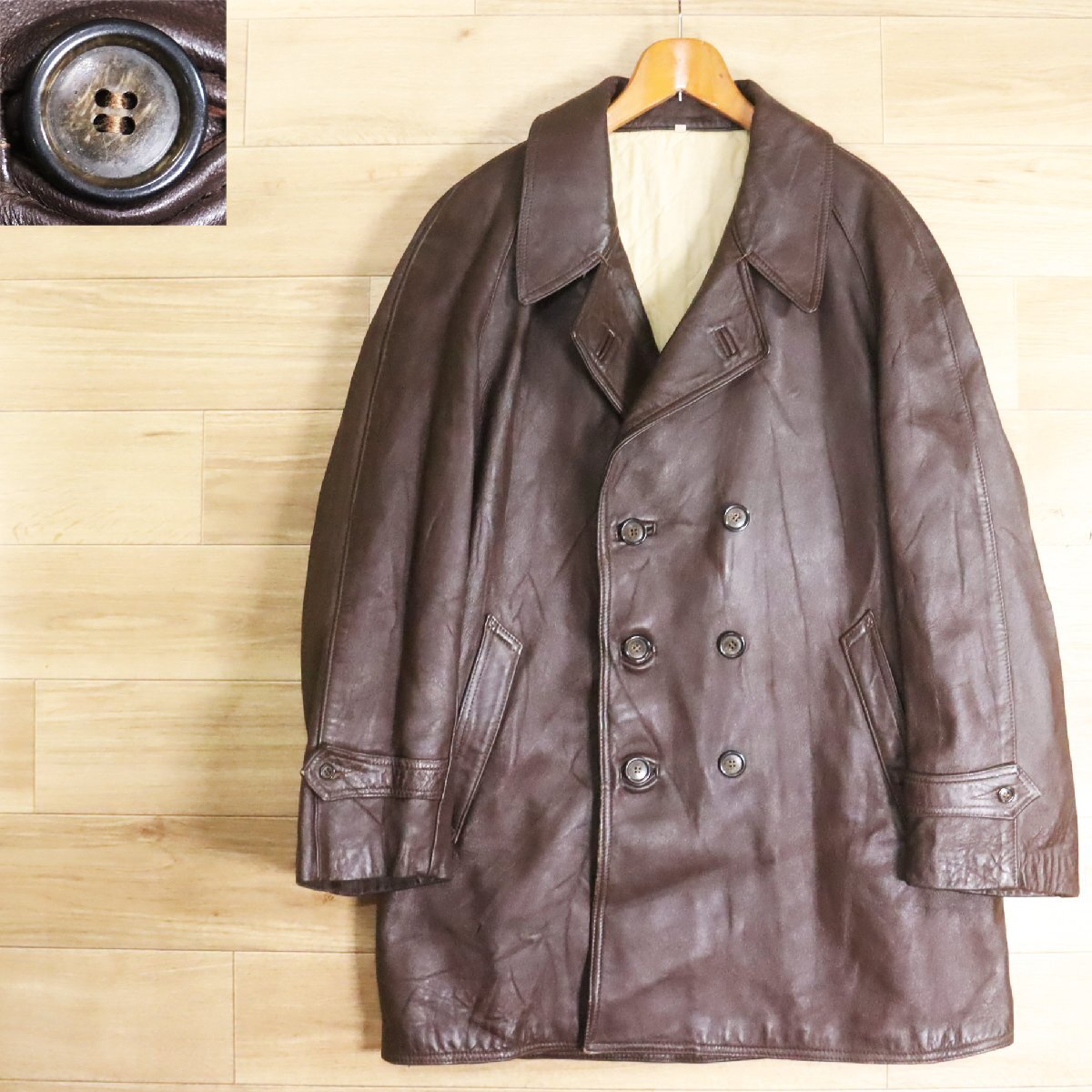 X8S/Y5.8-5 ユーロ古着 ダブルブレスト レザーカーコート 本革 レザージャケット ハーフコート メンズ 54 ヴィンテージ拍卖