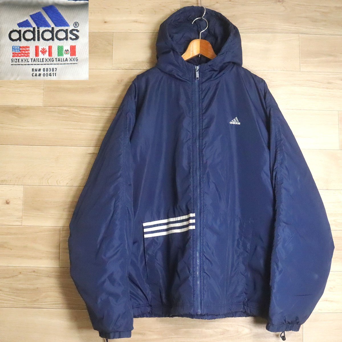 A7S/R4.11-2 90s adidas アディダス 中綿 ナイロンジャケット パファージャケット パーカー メンズ XXL 2XL ネイビー 古着拍卖