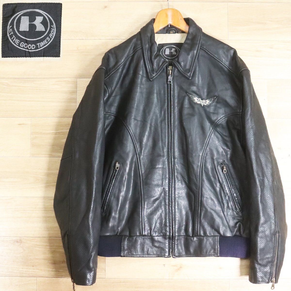\3O/Y6.4-6 KAWASAKI カワサキ シングルライダース レザージャケット 本革 レーシングジャケット 革ジャン 皮ジャン XL ブラック拍卖