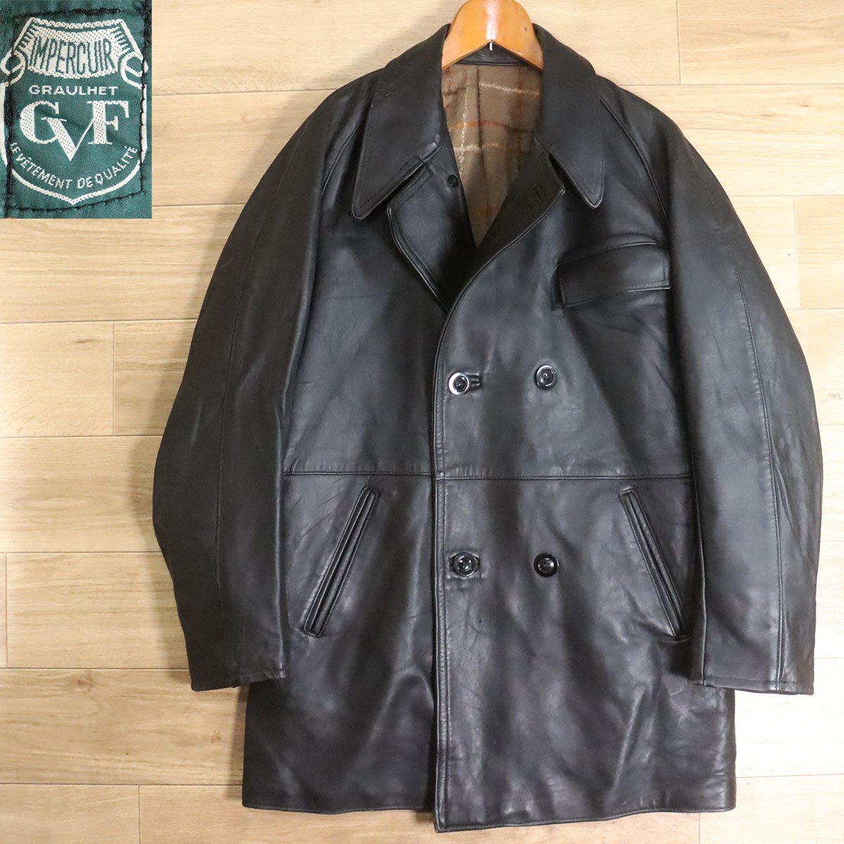 Z7S/Y5.12-7 フランス GVF ダブルブレスト レザーカーコート 本革 レザージャケット 皮ジャン 革ジャン ユーロヴィンテージ拍卖
