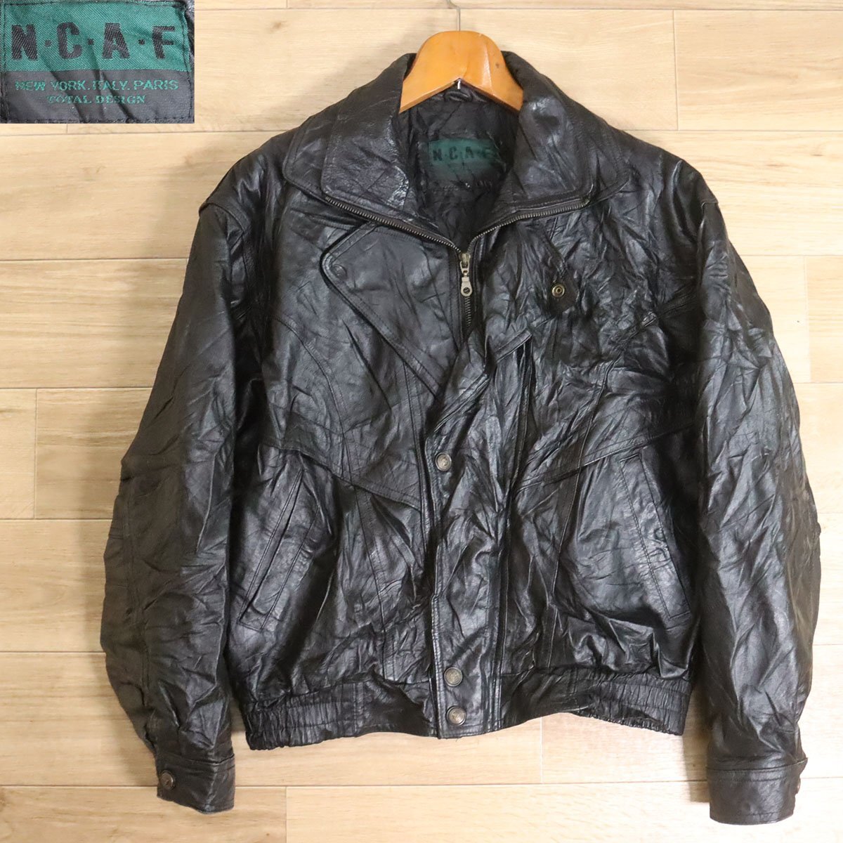 Z7S/Y5.12-7 N.C.A.F ダブルカラー 二重襟 レザージャケット ライダース 革ジャン 皮ジャン ブルゾン メンズ L ブラック 古着拍卖