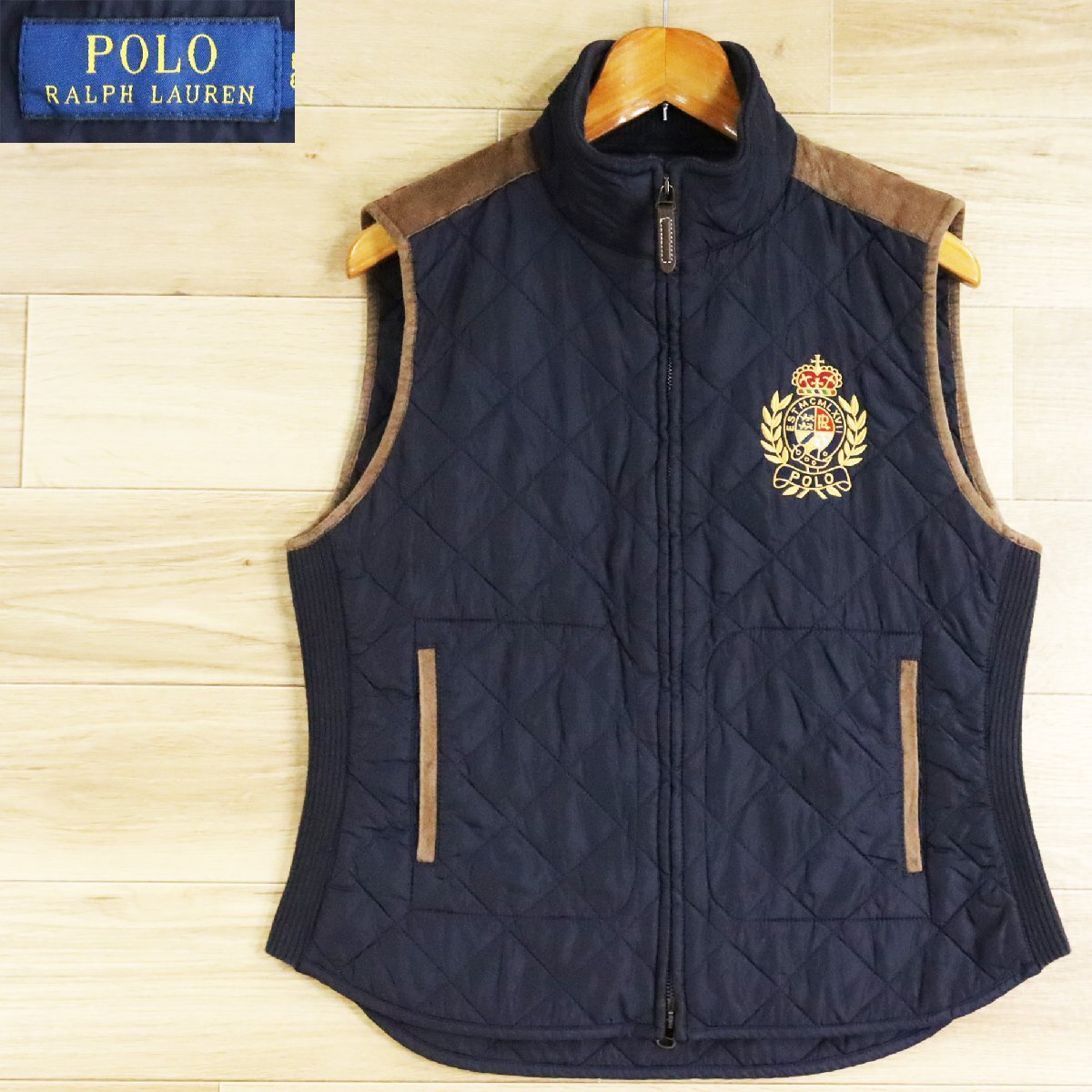 B16S/O4.8-7 POLO RALPH LAUREN ポロラルフローレン スエードレザー切替 キルティングベスト 中綿ベスト ロゴ刺繍 レディース L拍卖