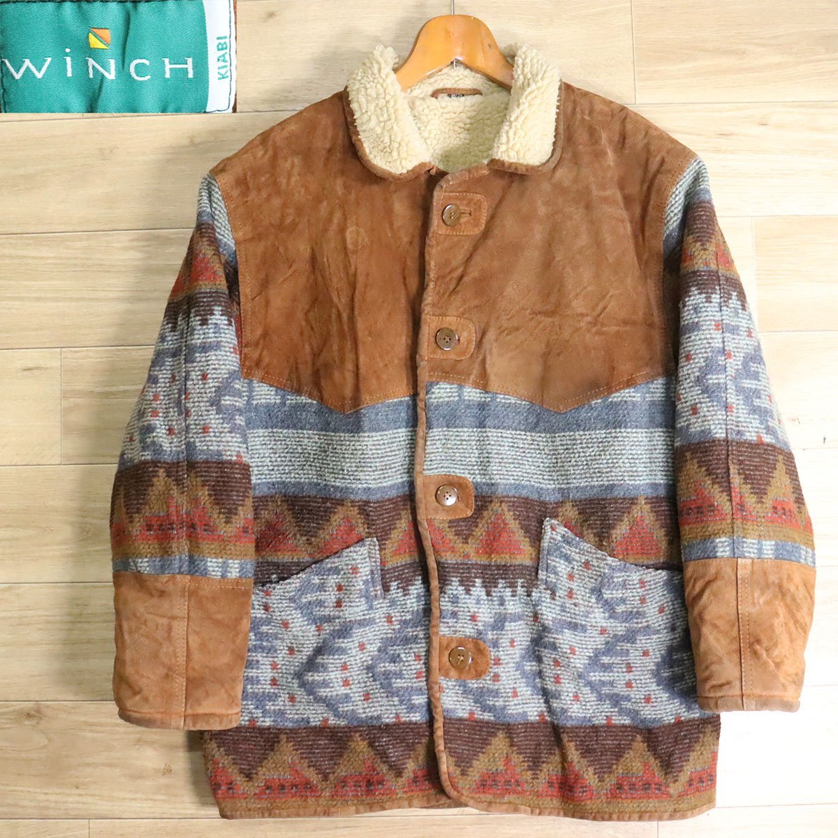 I6O/Y5.6-4 WINCH KIABI ネイティブ柄 スエードレザー 切り替え ボアジャケット 革ジャン 皮ジャン カーコート 裏ボア メンズ拍卖