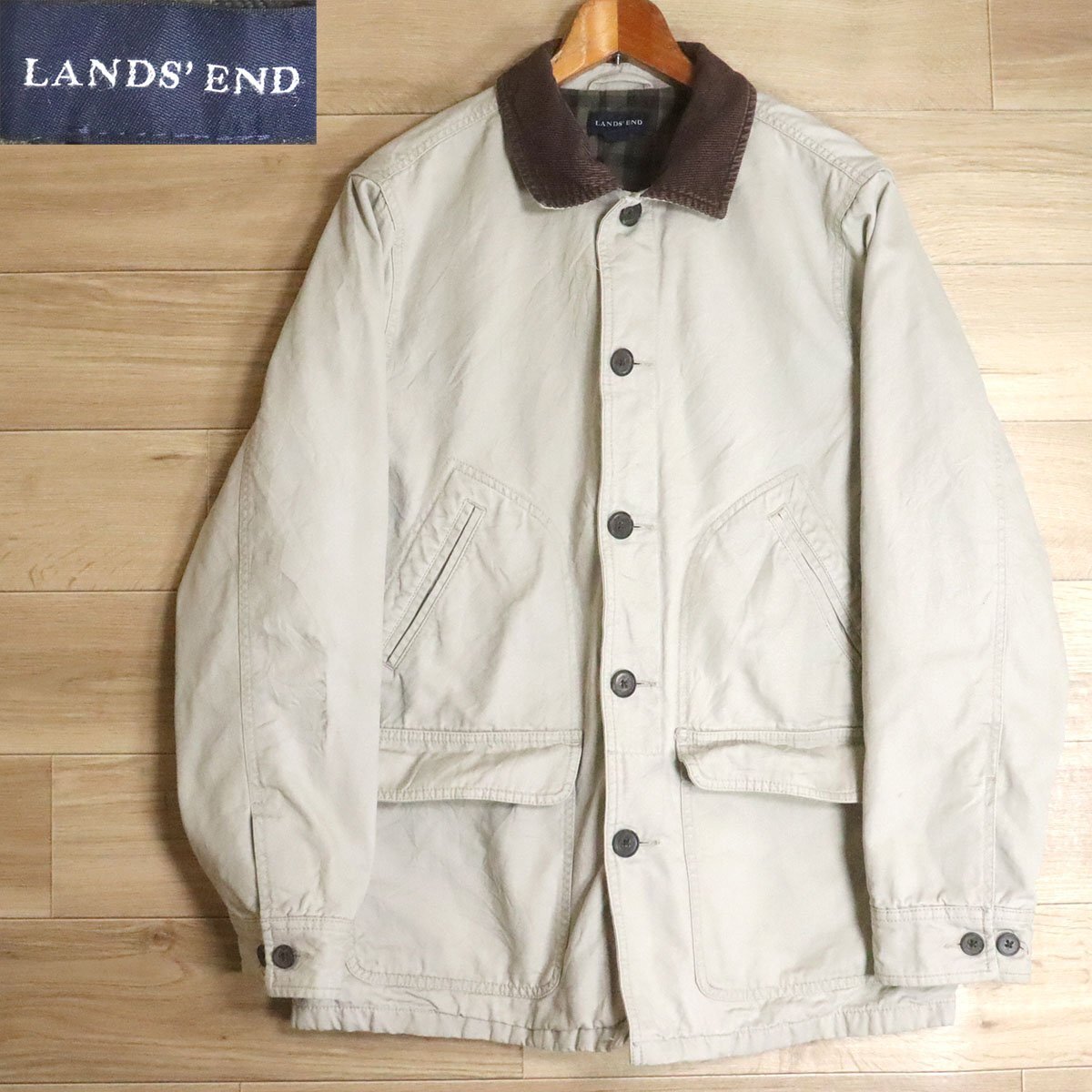 B3S/R4.9-10 LANDS'END ランズエンド ハンティングジャケット 襟コーデュロイ カバーオール コットン アウター M ベージュ系拍卖