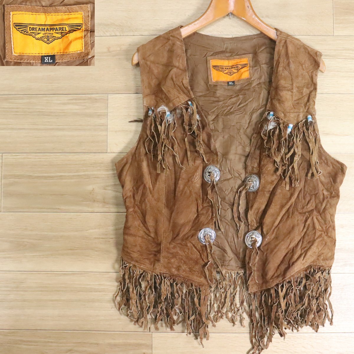 Y3S/Y5.1-4 アメリカ古着 DREAM APPAREL フリンジ ビーズ コンチョ ウエスタンベスト 本革 スエード レザーベスト XL ブラウン拍卖