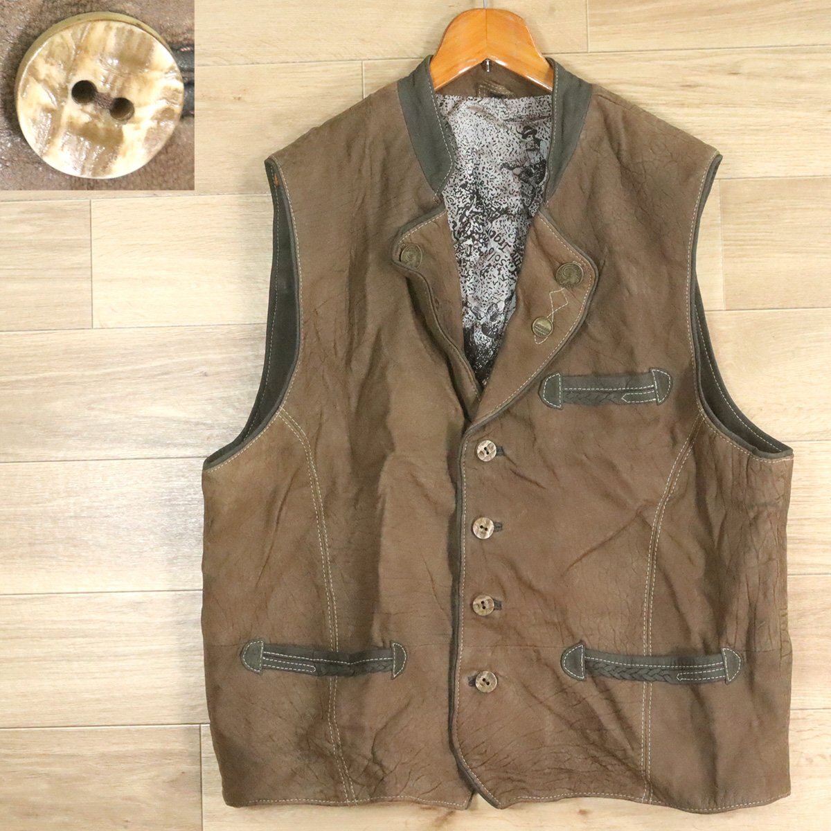 #3S/O10.16-1 ユーロ古着 チロリアンベスト 本革 レザーベスト バイエルンベスト 民族 ジレ アウター メンズ 56 ヴィンテージ拍卖