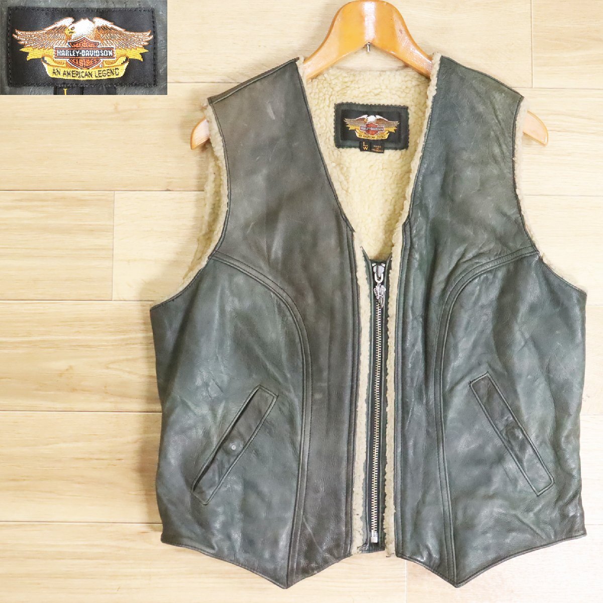 N5R/Y5.9-6 Harley Davidson ハーレーダビッドソン レザーボアベスト 本革 革ベスト 皮ベスト ジップアップベスト L アメリカ古着拍卖