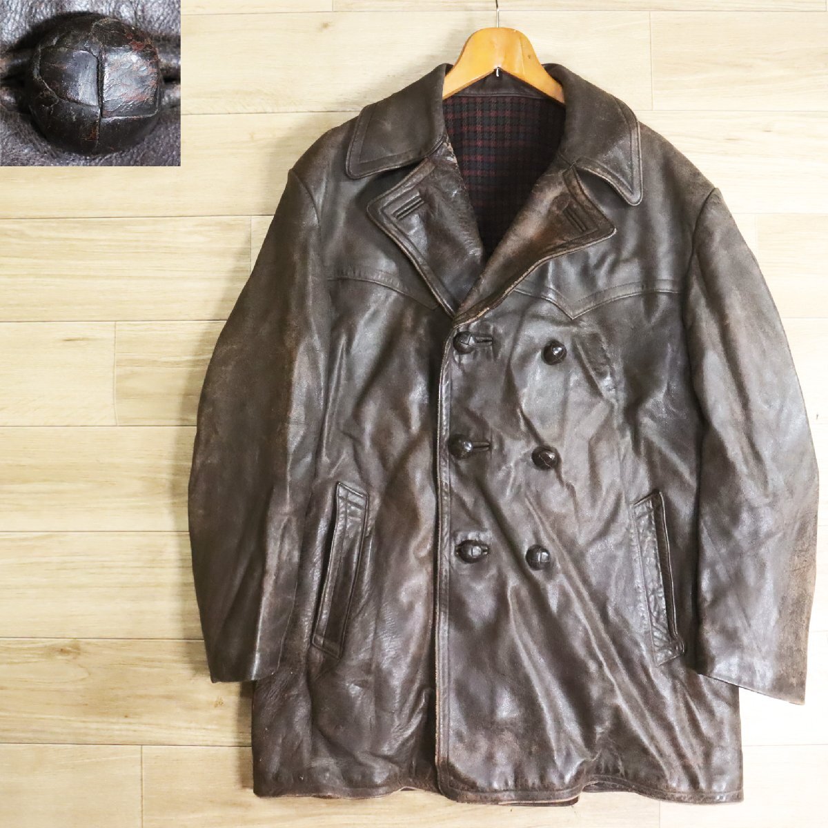 N10O/Y5.5-2 60s~ ビンテージ フランス ダブルブレスト レザーカーコート 裏チェック 本革 革コート 皮コート レザーコート 拍卖
