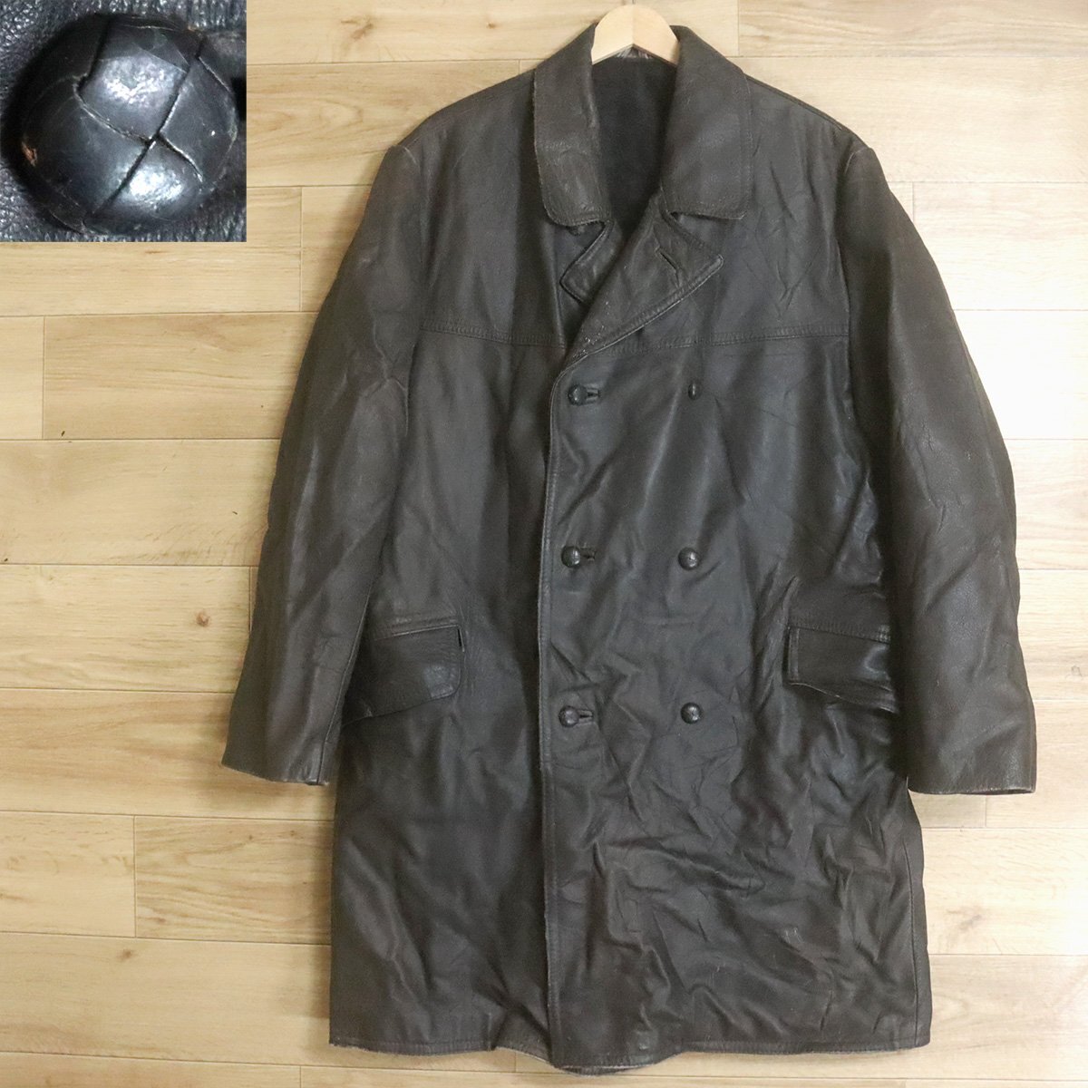 J5T/S10.21-10 ビンテージ ユーロ古着 ダブルブレスト レザーカーコート 本革 レザージャケット 革ジャン 皮ジャン ヴィンテージ拍卖