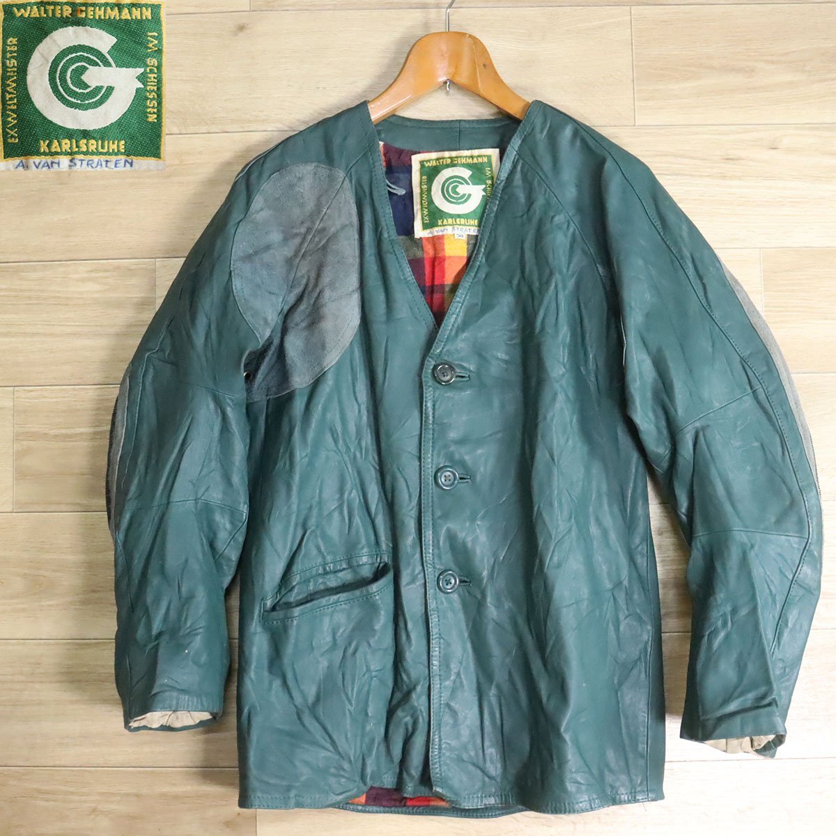 W2O/Y5.6-5 ユーロ古着 WALTER GEHMANN KARLSRUHE レザーシューティングジャケット 本革 革ジャン 皮ジャン 裏チェック メンズ拍卖