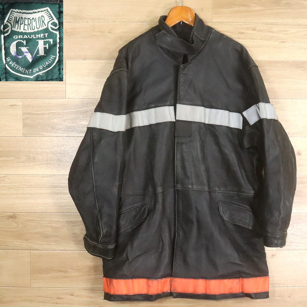 !2T/O10.9-1 80s~ ビンテージ フランス国営 GVF レザーファイヤーマンジャケット 本革 レザージャケット リフレクター 58拍卖
