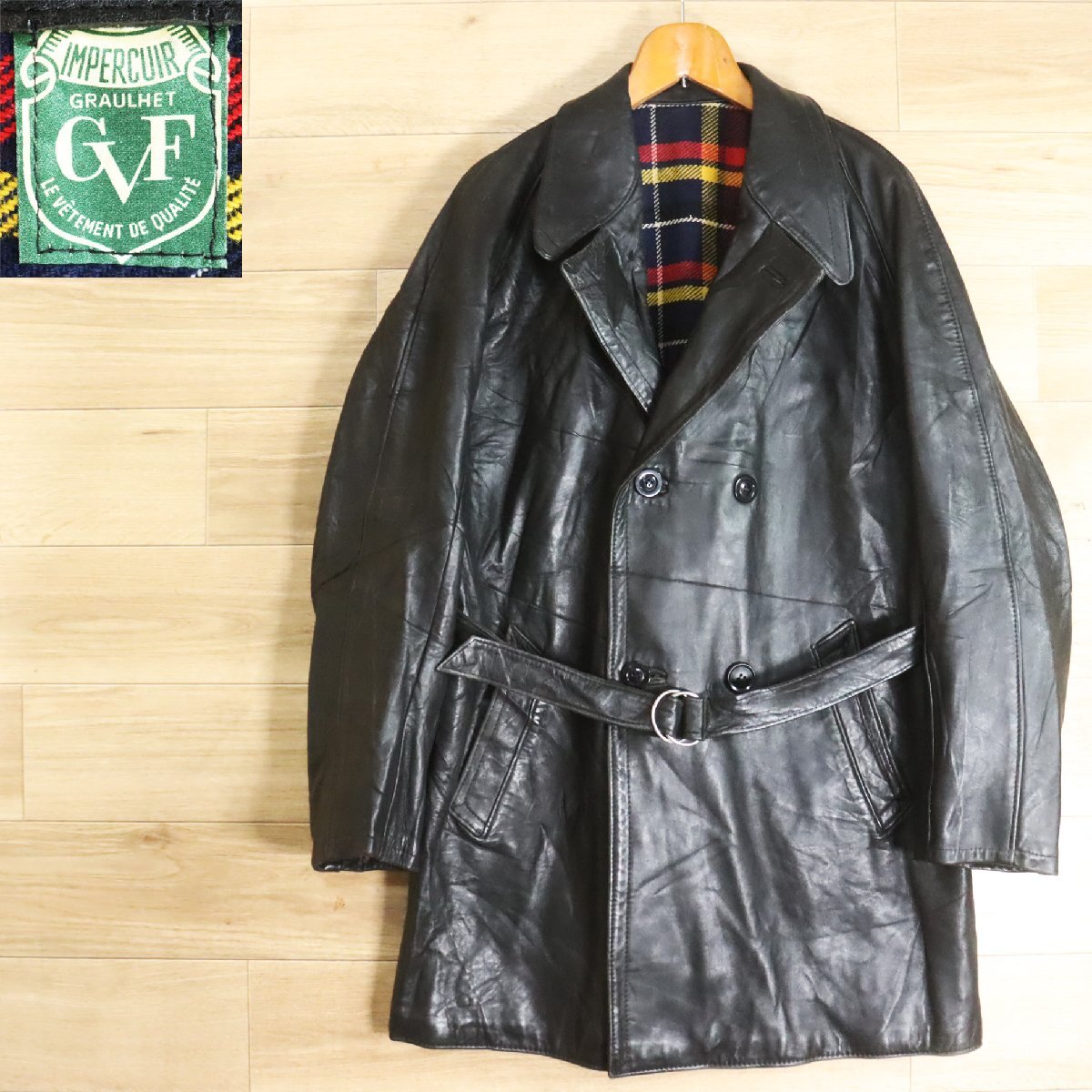 Z6K/Y5.8-2 70s~ フレンチヴィンテージ GVF ダブルブレスト レザーコート レザーカーコート 本革 レザージャケット 革ジャン拍卖