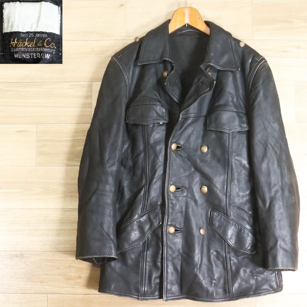 M5R/Y6.4-1 70s ヴィンテージ HACKEL&CO ポリスマンコート 本革 ダブルブレスト レザーカーコート 革コート 皮コート拍卖
